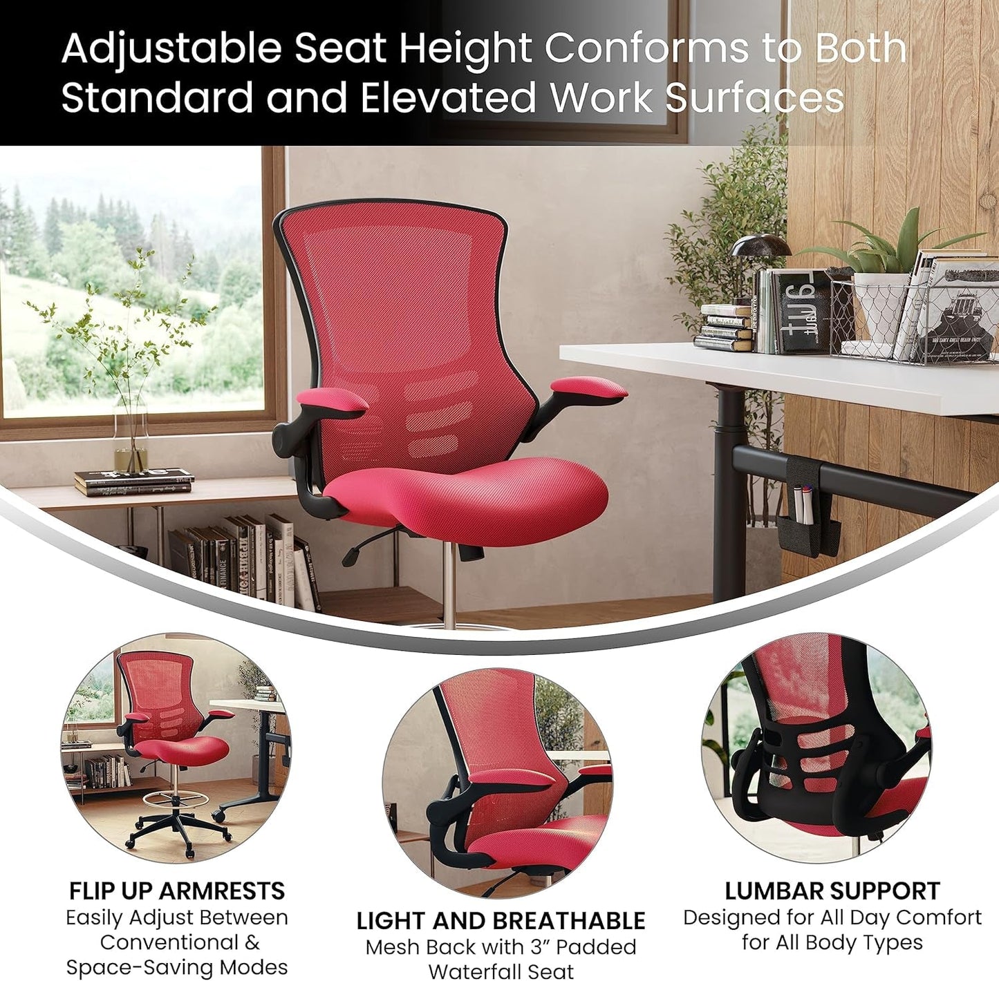Kelista Red Mid Back Swivel Office Chair With Flip Armrests