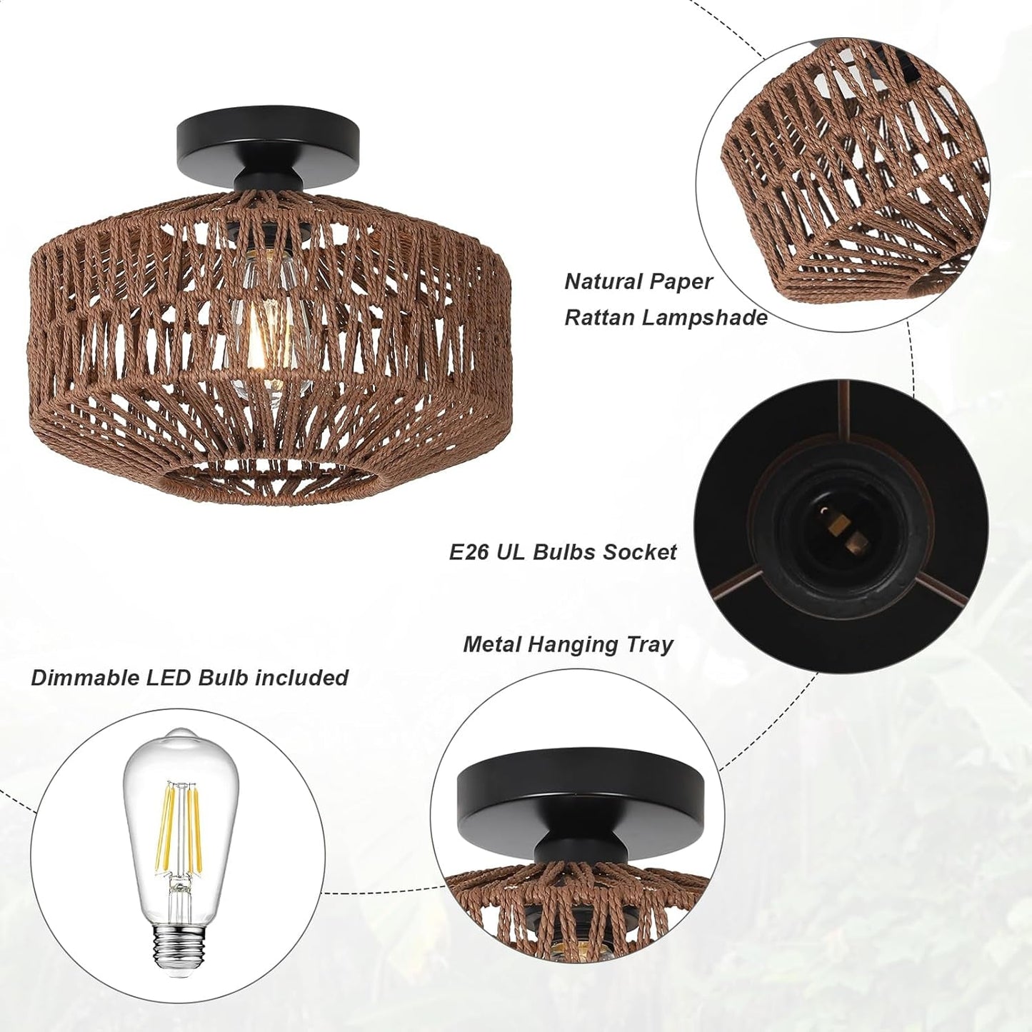 Dark Brown Hand Woven Rattan Ceiling Light With Dimmable LED showcasing natural rattan lampshade and UL bulbs socket.