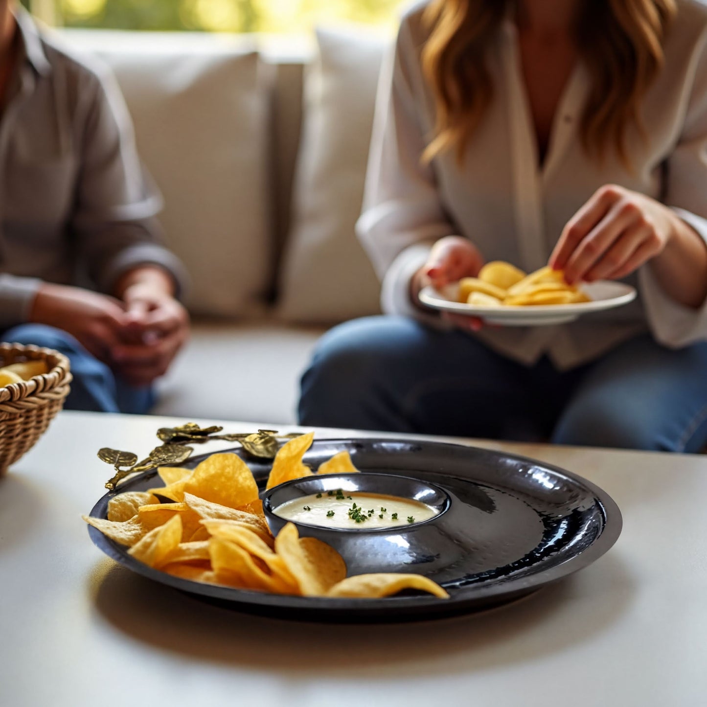 Chip And Dip Platter - Large Stainless Steel Snack Serving Tray With Orchid Accent
