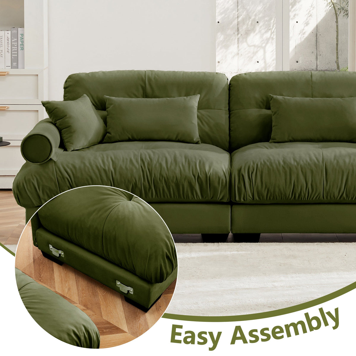 U Shaped Sectional Sofa Cloud Couch in Olive Velvet