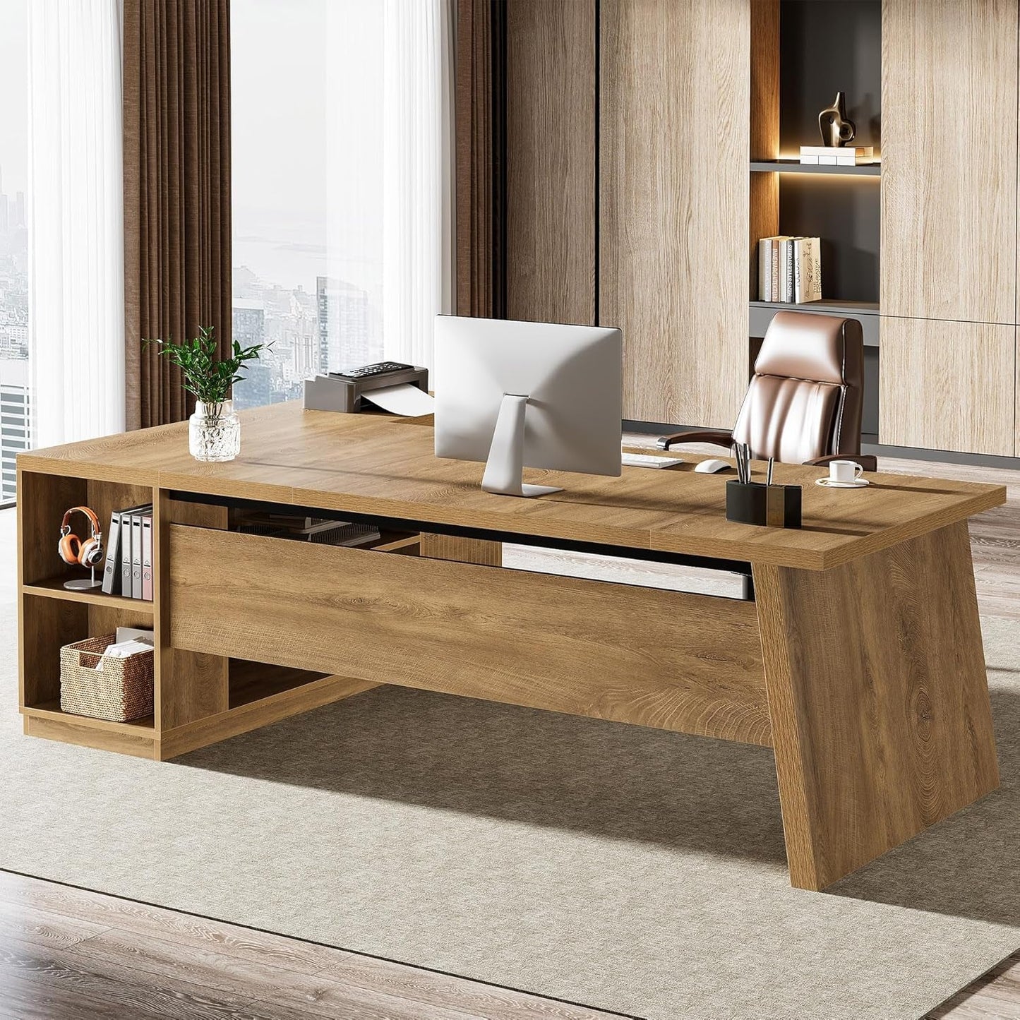 Executive Corner Desk 78 Inch Drawers Brown Shelves