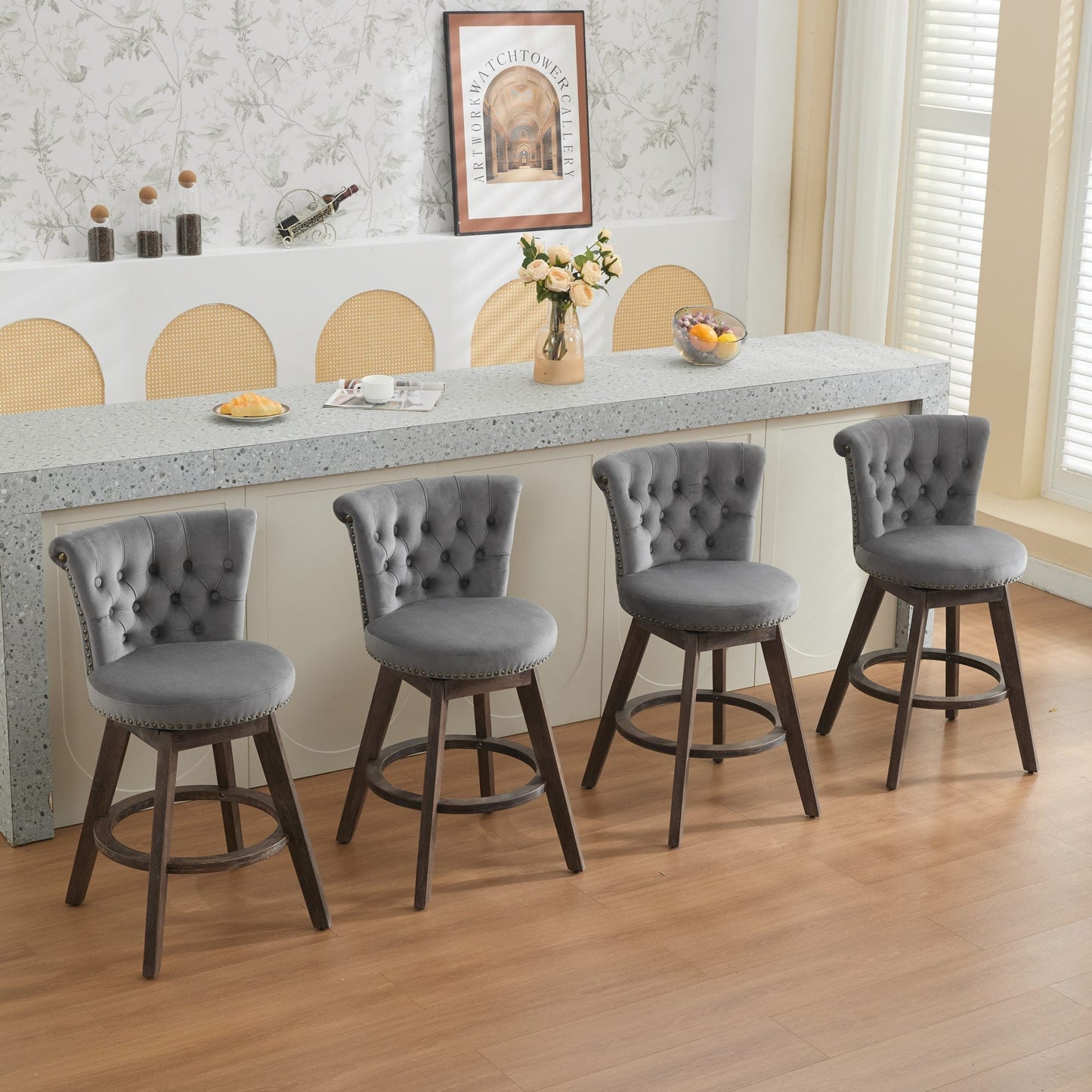 26" Counter Height Bar Stools Set of 2 with 360° Swivel and Velvet Upholstery