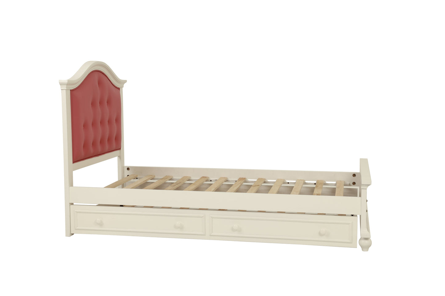 Contemporary Style Twin Size Bed w/ Trundle Slats Pine Plywood Kids Youth Bedroom Furniture Pink Faux Leather Tufted HB