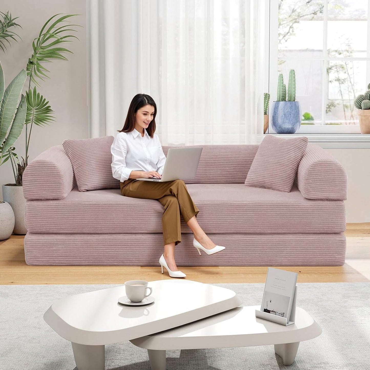 Transformable Sofa Bed QueenSize Pink Folding Frame