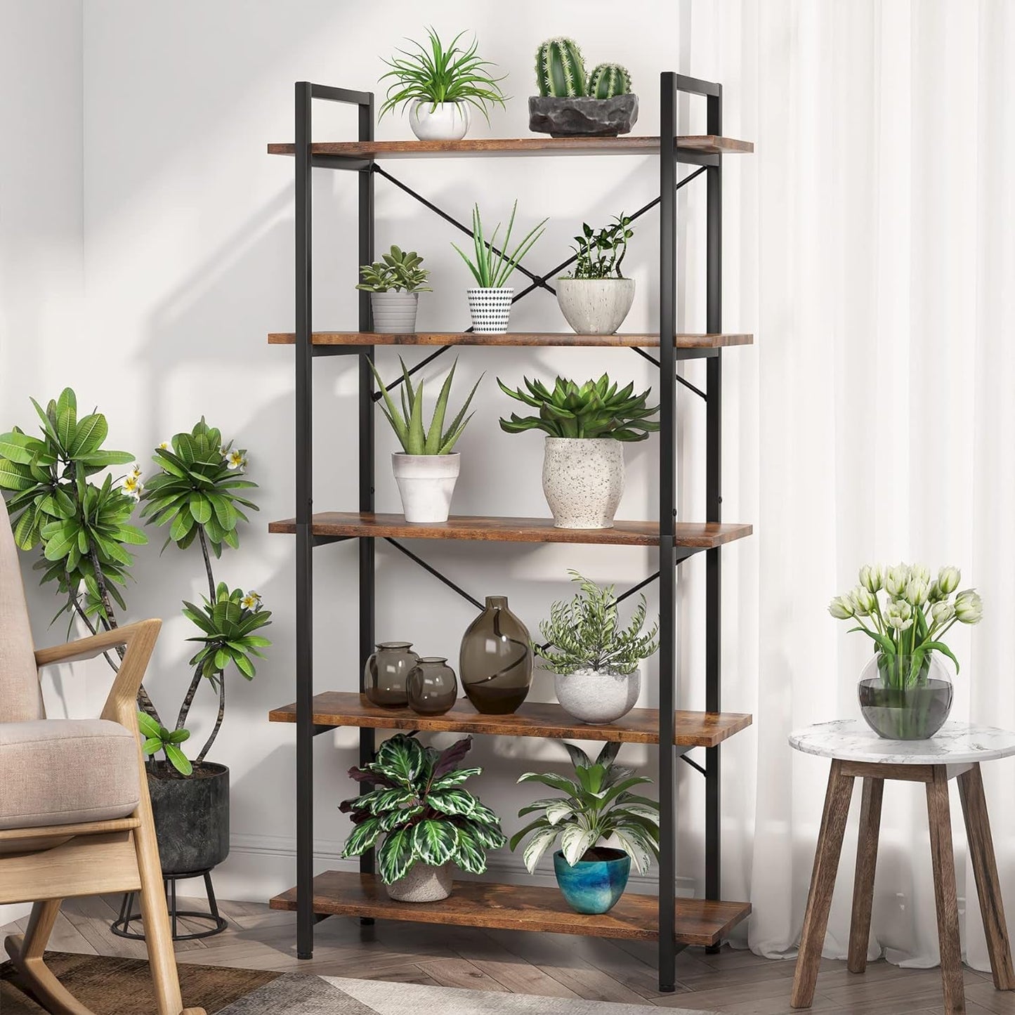 Industrial Rustic 5 Tier Etagere Bookshelf With Metal Frame