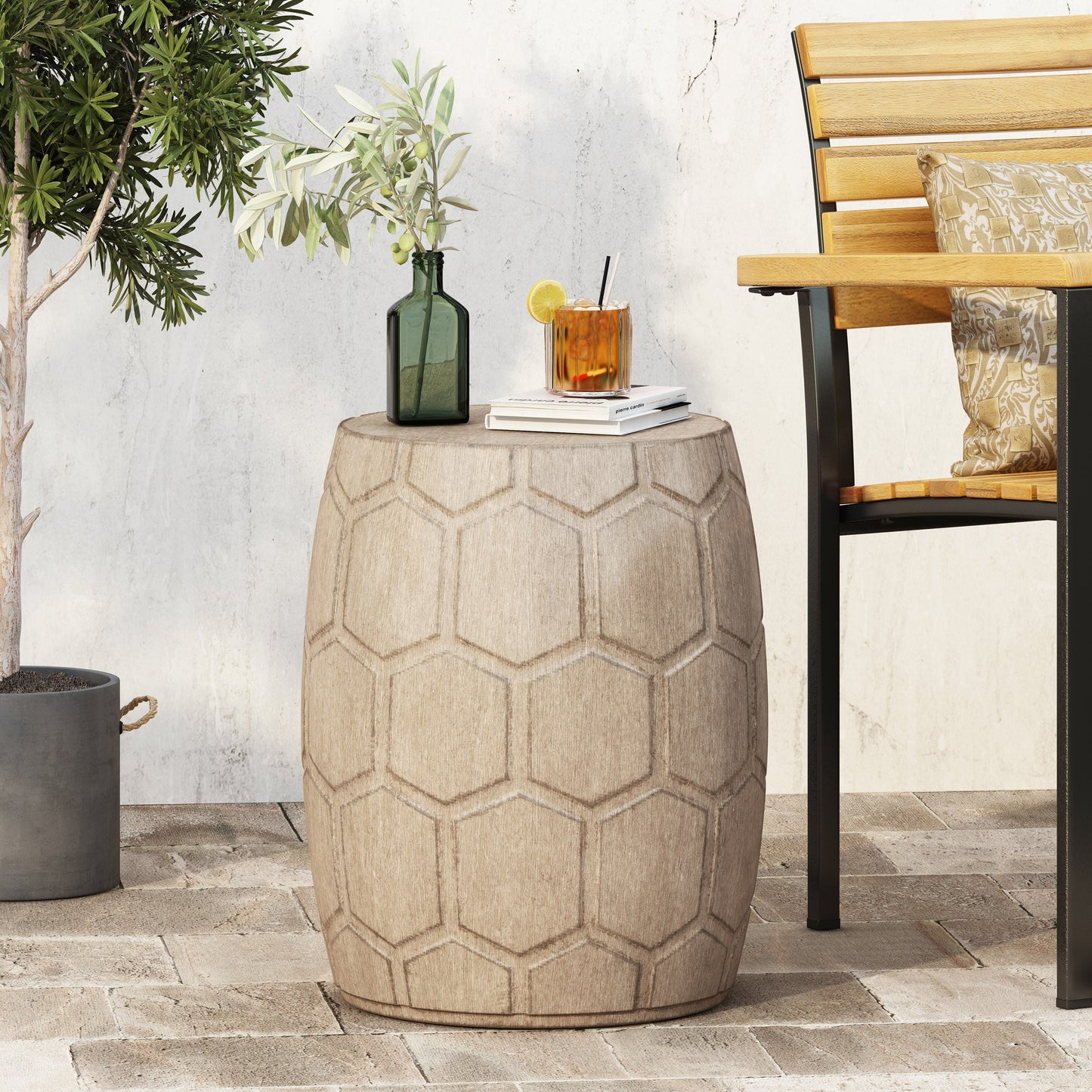 Boho Outdoor Lightweight Concrete Side Table with Honeycomb Pattern in Natural Finish, Magnesium Oxide, 15.25 x 15.25 x 18.25 inches
