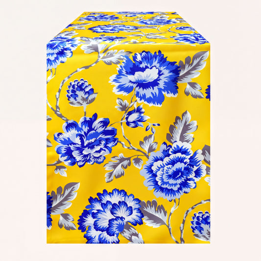 Printed Table Runner - Yellow Blue Floral Indoor Outdoor Dining Table Decor