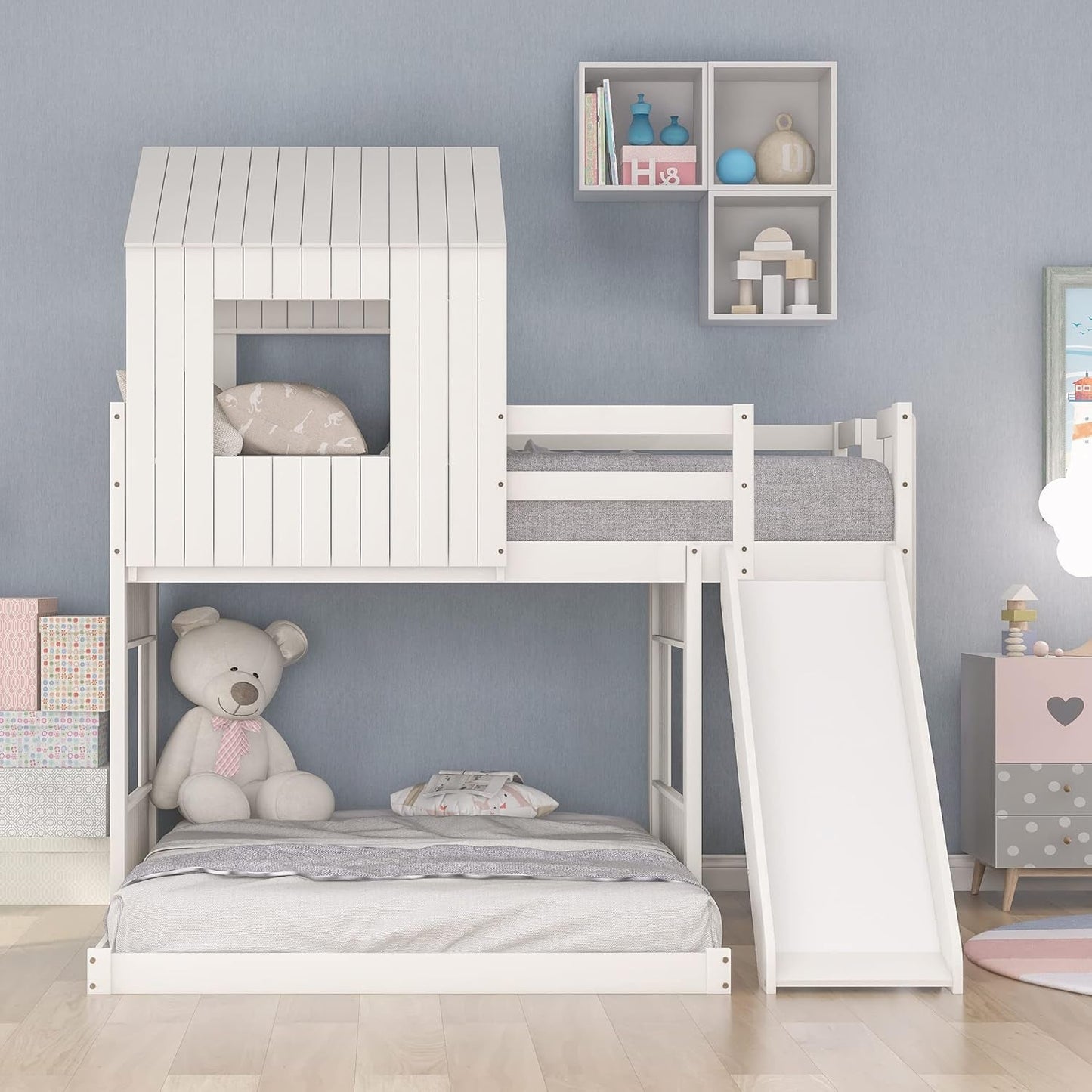Twin Over Full Bunk Bed With Slide With Guardrails White