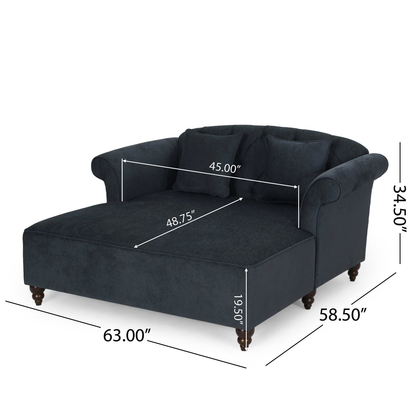 Upholstered Chaise Lounge with Scroll Arms, Turned Legs and 2 Pillows, Charcoal