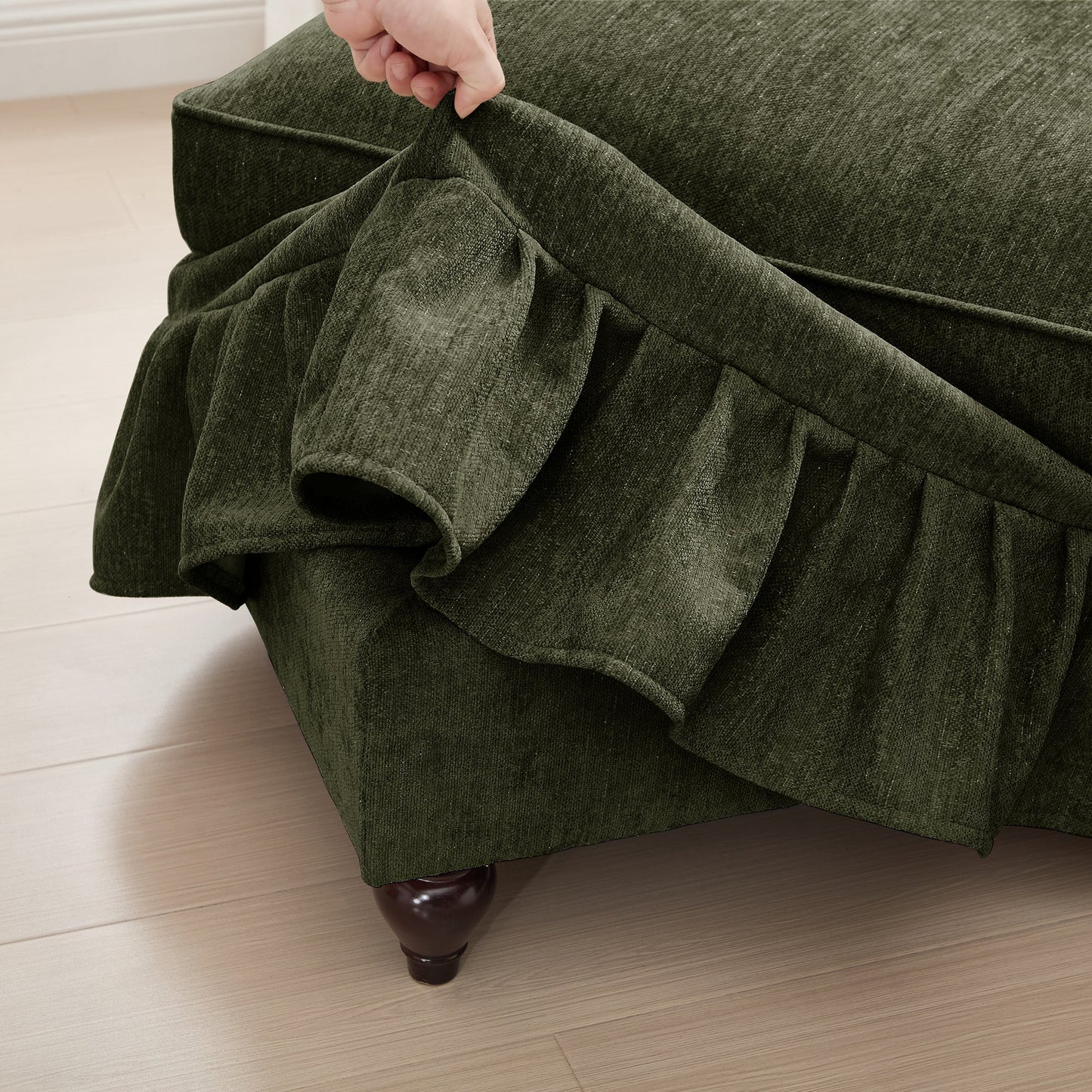 Classic Three Seater Modular L Shaped Sectional Couch with Flared Arms and Removable Ruffles Pleats Skirts and Spindle Legs, Comfy Chenille Four-Seat Deep Seat Sofa with Movable Ottoman, Green