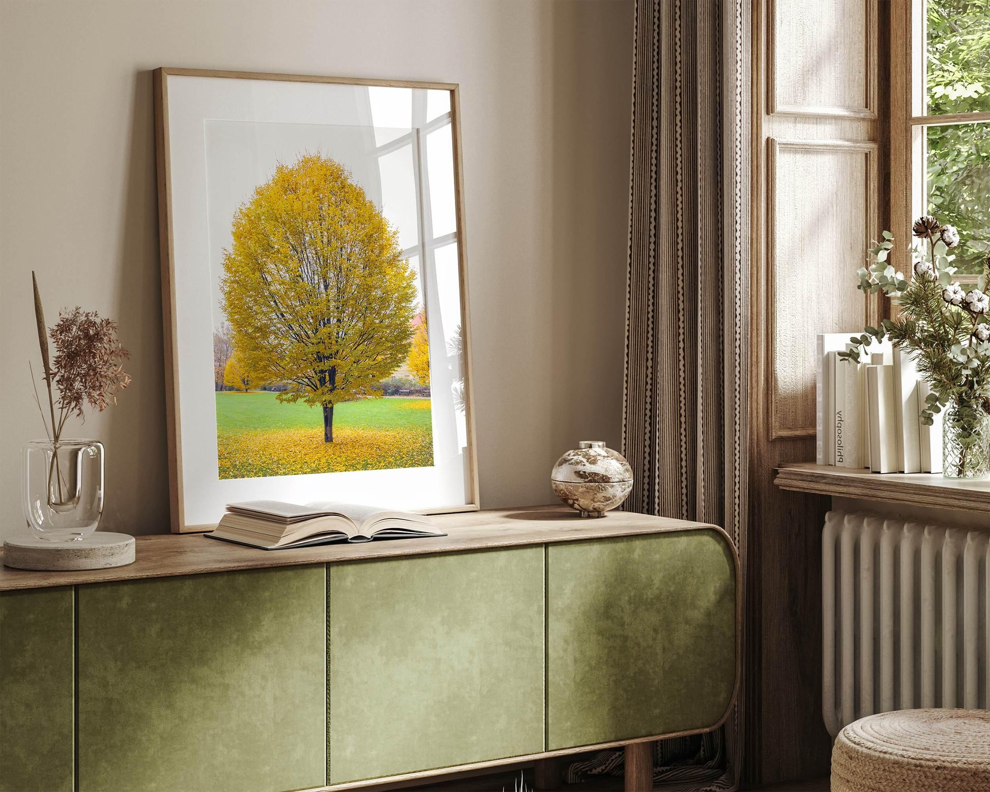 Golden Fall wall art print of a majestic tree with bright yellow autumn leaves in a Prague park.