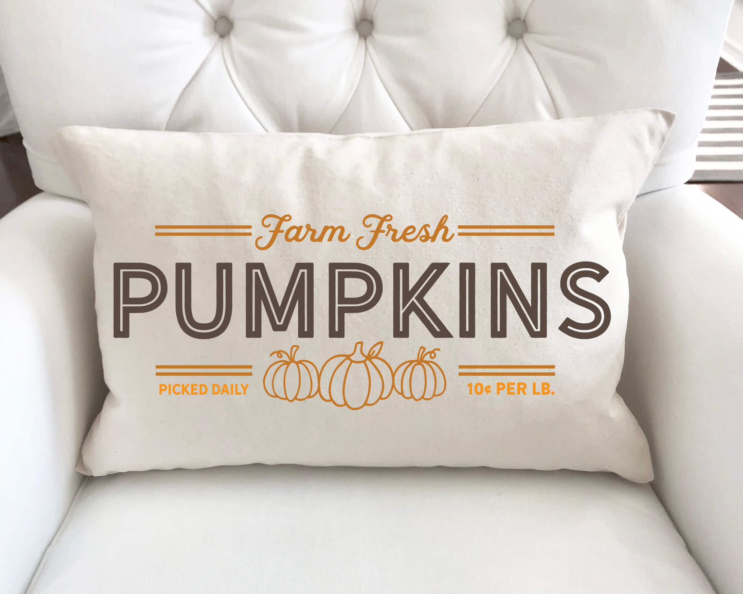 Farm Fresh Pumpkins Pillow Cover 12x20 inch featuring pumpkins design on beige fabric.