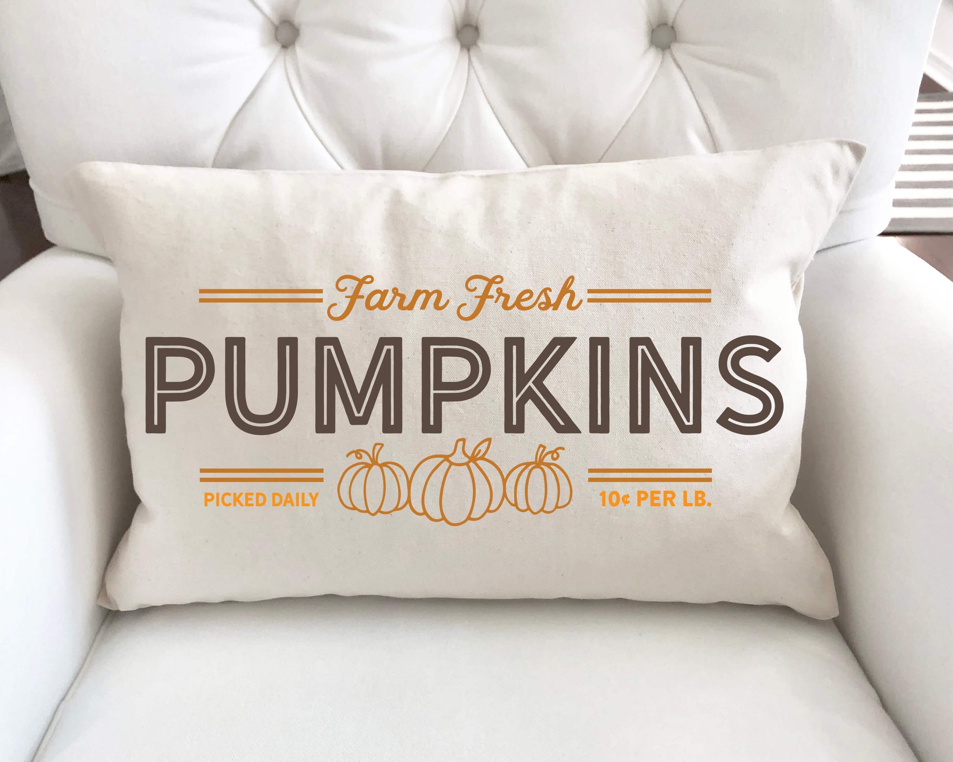 Farm Fresh Pumpkins Pillow Cover 12x20 inch featuring pumpkins design on beige fabric.