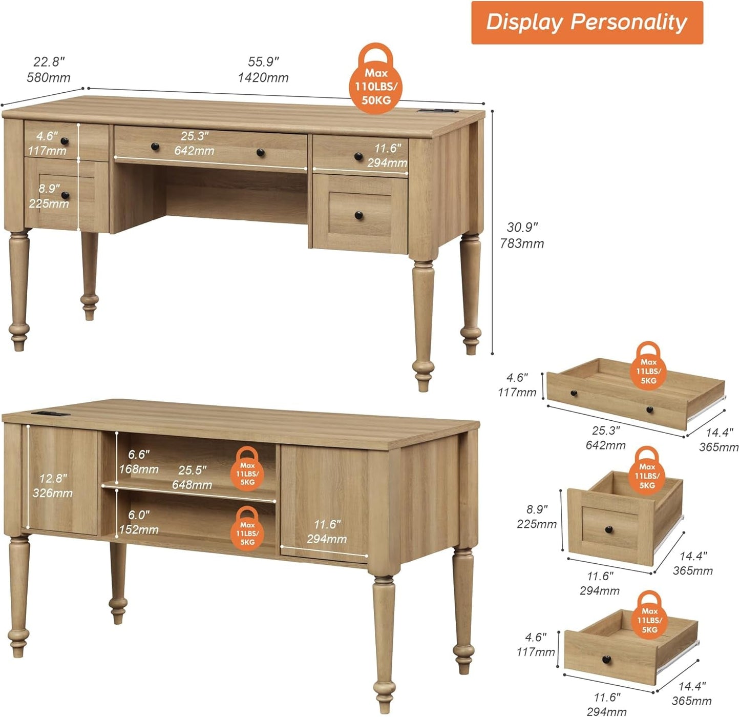 Farmhouse Executive Desk with Storage and Charging Station