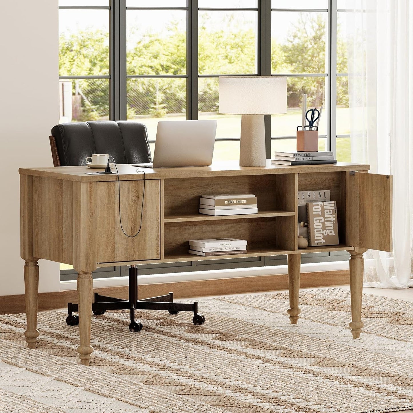 Farmhouse Executive Desk with Storage and Charging Station