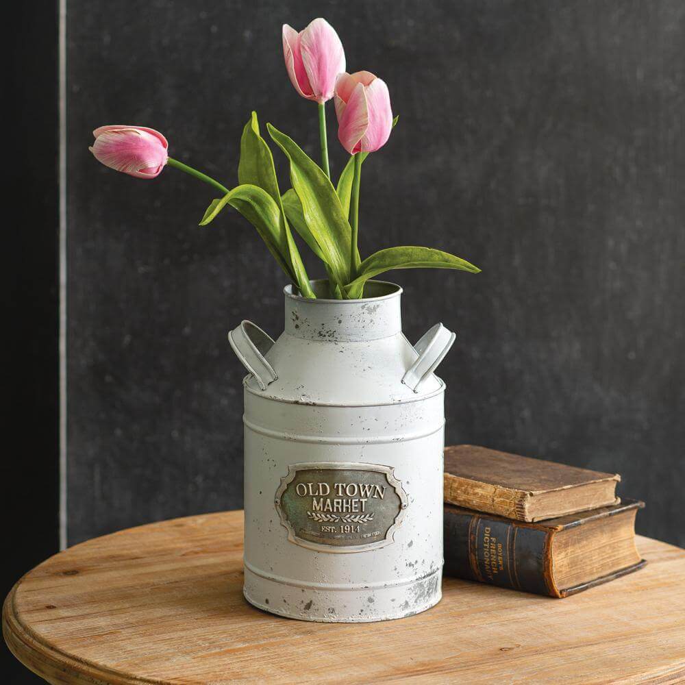 Farmhouse Old Town Market While Metal Milk Can Vase