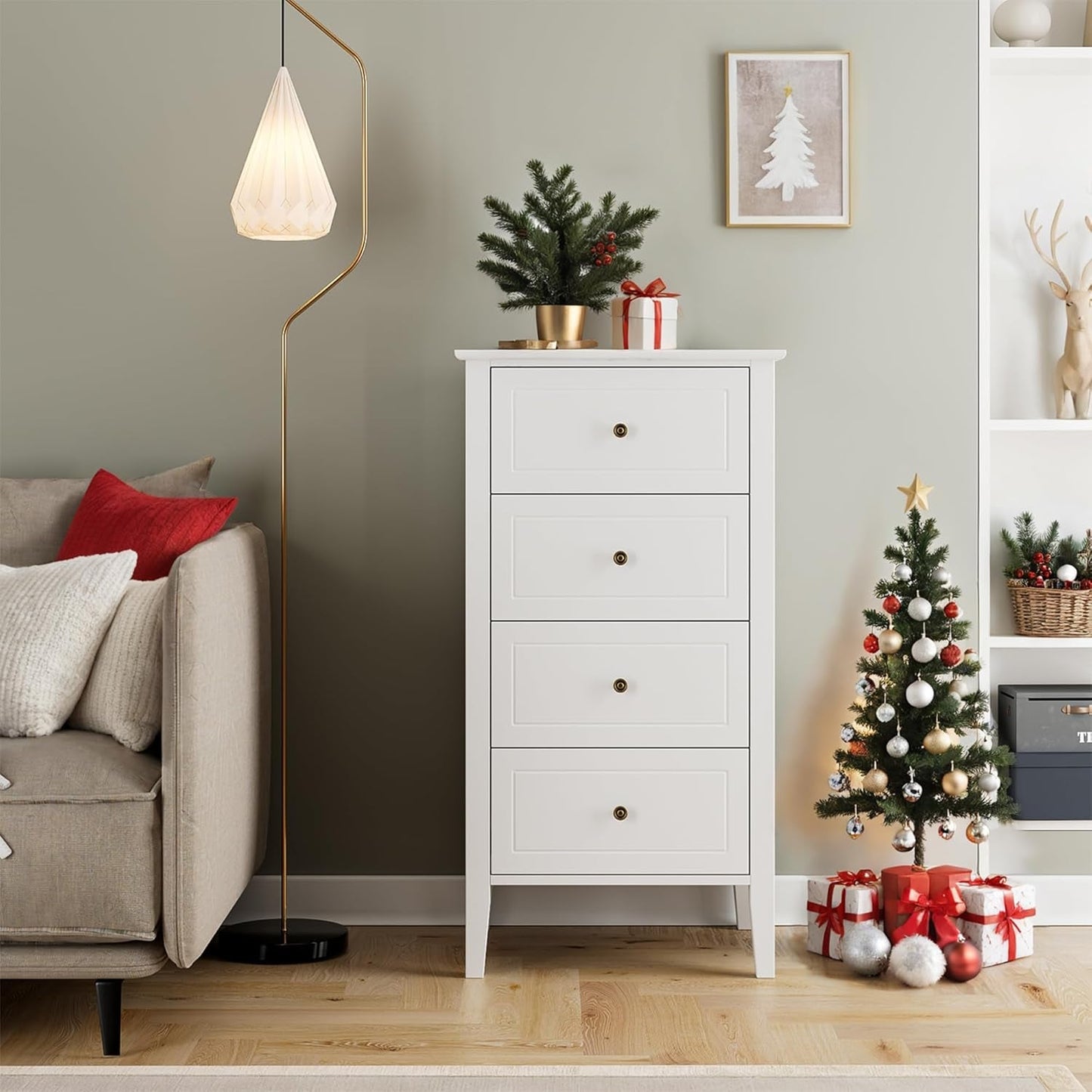 White Antique Four Drawer Dresser With Hardwood Storage