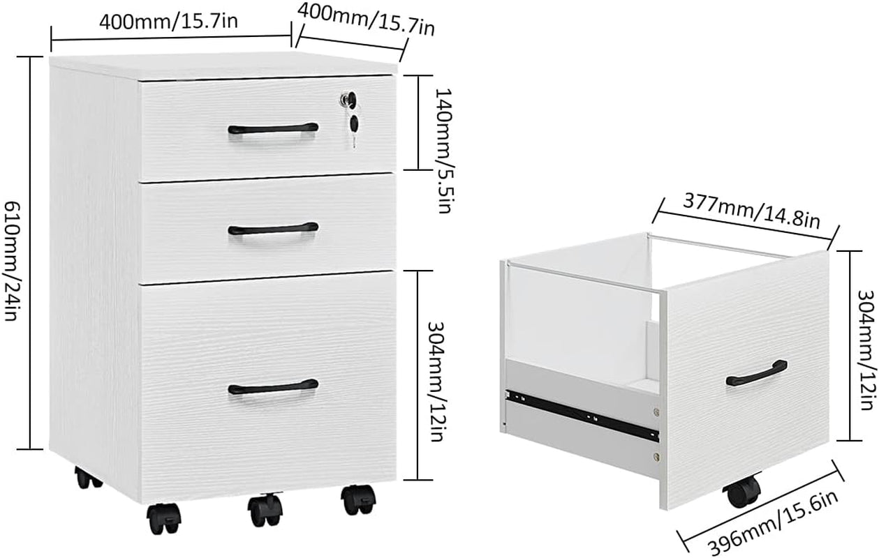 Three Drawer White Wood Mobile File Cabinet Under Desk Storage For Home Office Organization