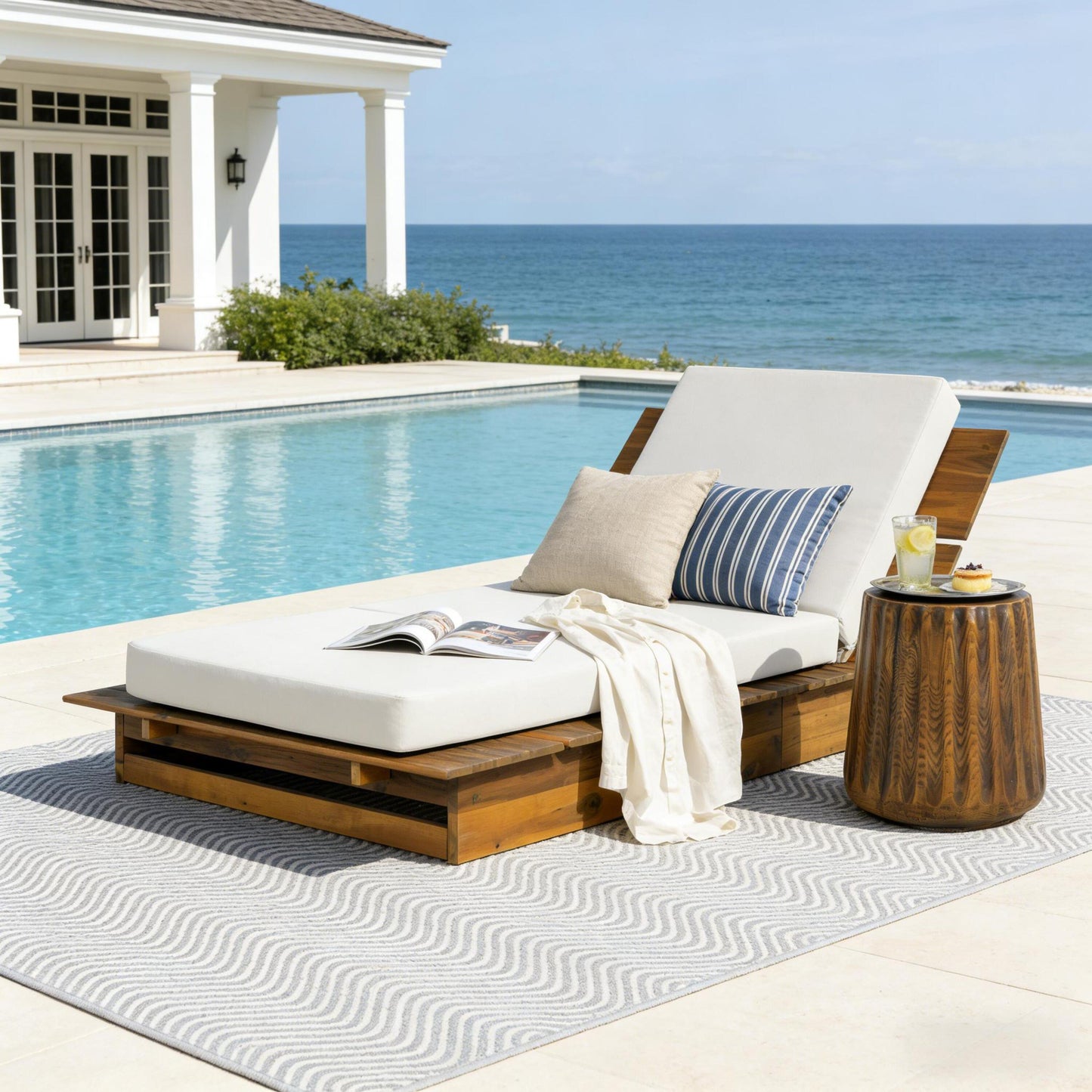 Acacia Wood Chaise Lounge with 4" Thick Cushion