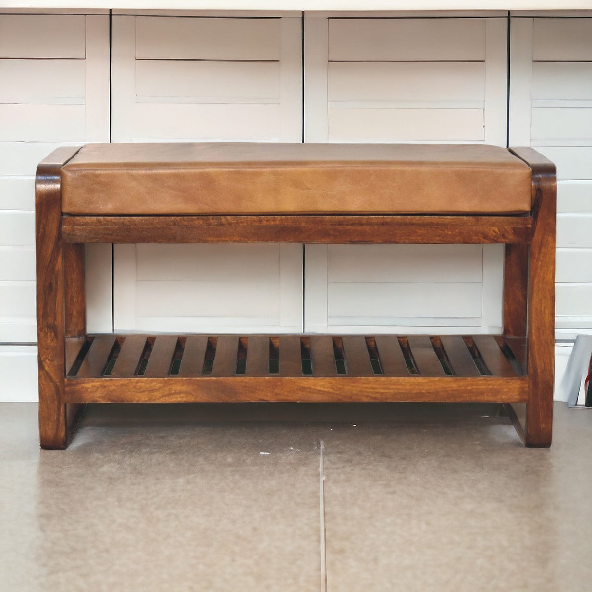 Solid Wood Small Buffalo Slatted Bench with Open Storage