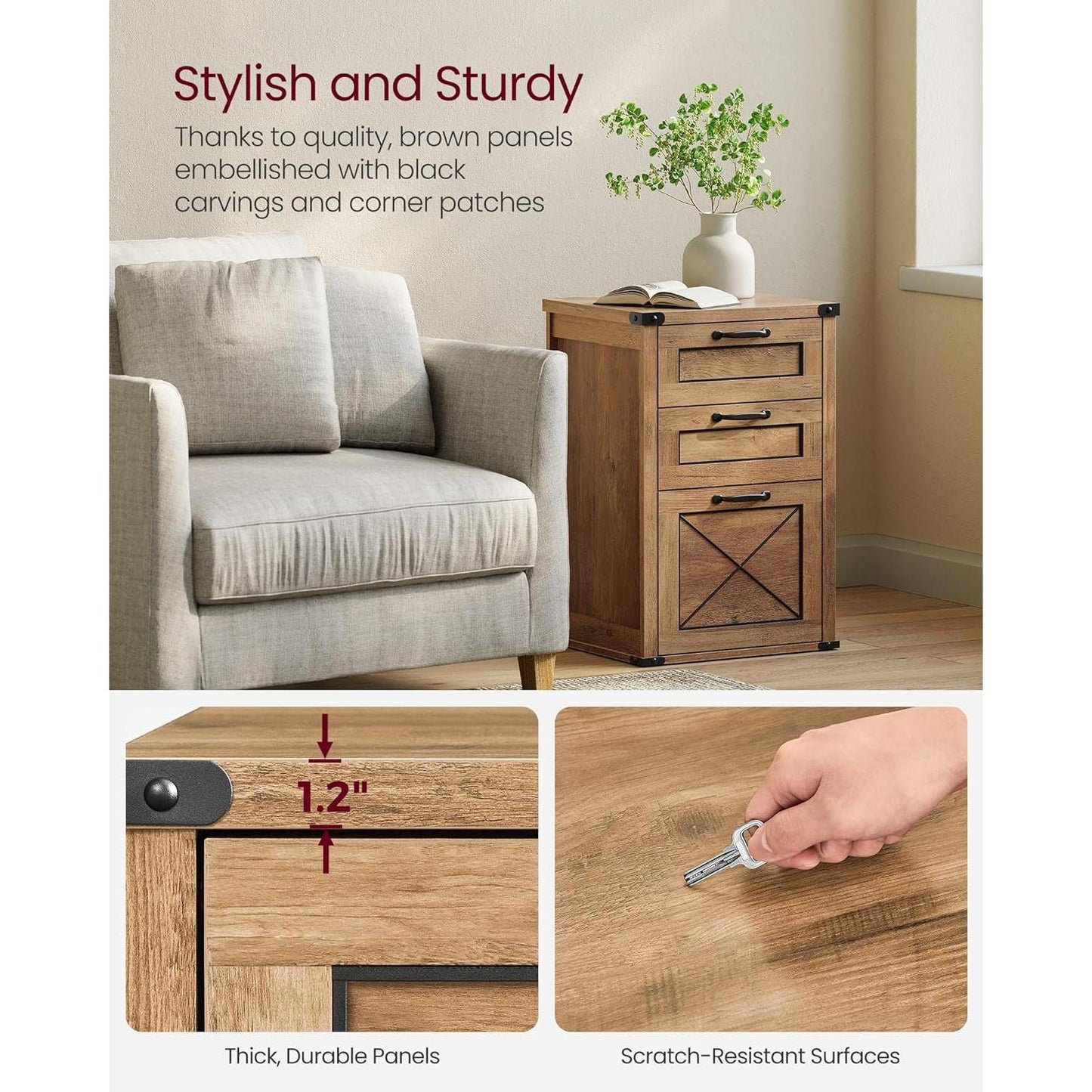 3 Drawer Farmhouse Filing Cabinet With Printer Stand For Home Office Storage Woodgrain Finish