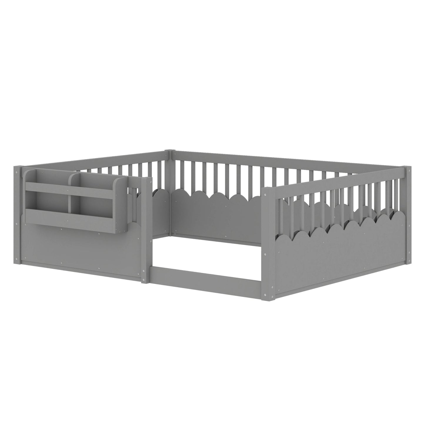 Full Floor bed with Heightened Fence and bookshelf ,Wood Floor Bed for Kids,Gray.