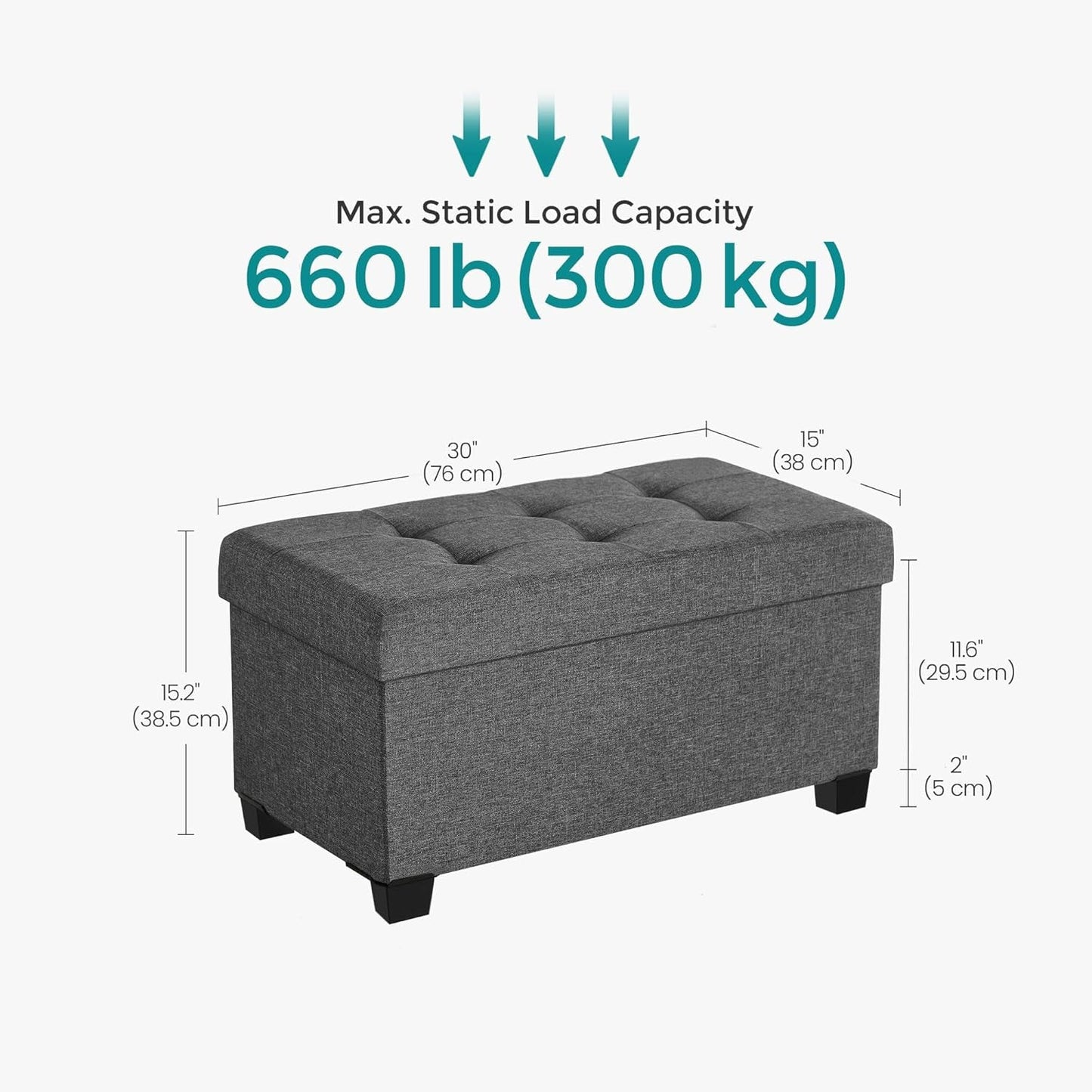 Slate Gray Storage Ottoman Bench 15x30x15.2 Inches