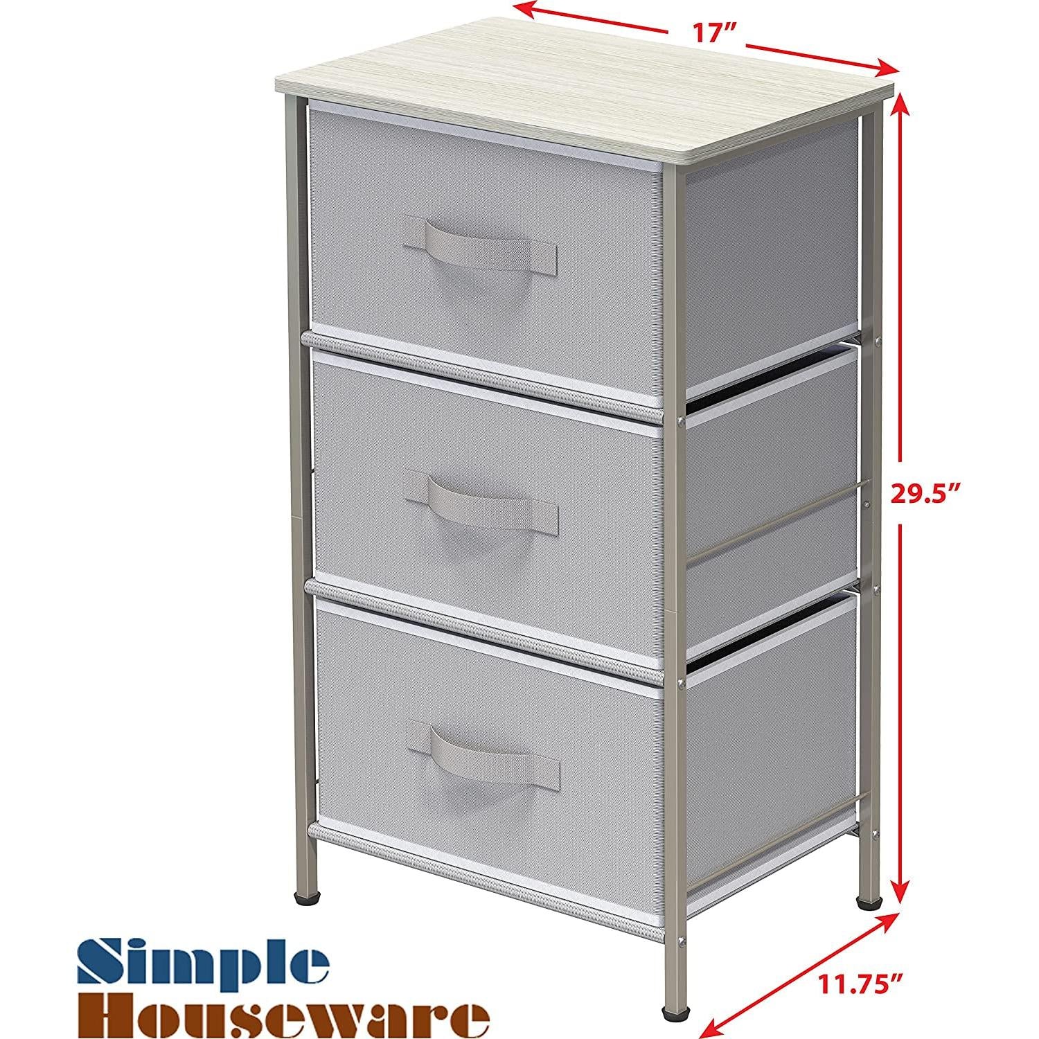 Three Tier Nightstand With Metal Frame And Black MDF Top showcasing three drawers and a light wood top.