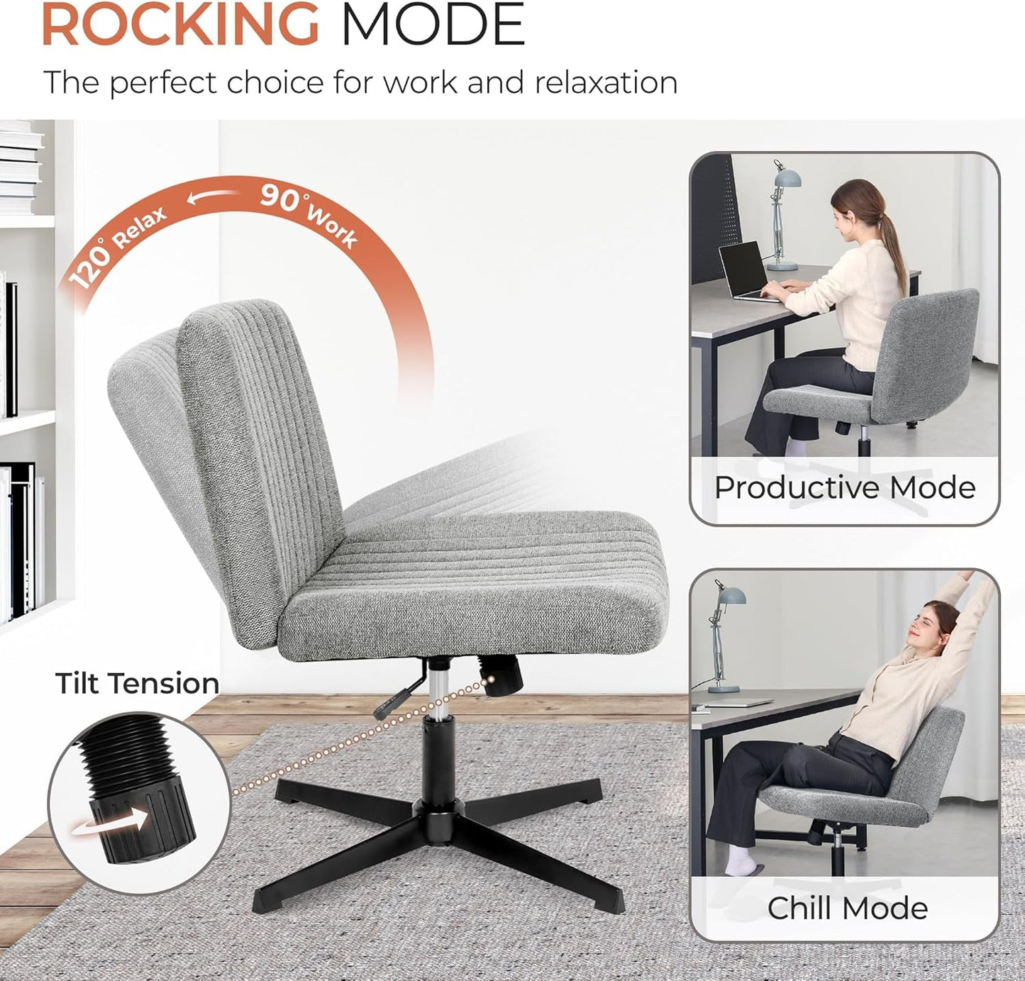 Cross Legged Office Chair Grey Wide Seat Adjustable Height