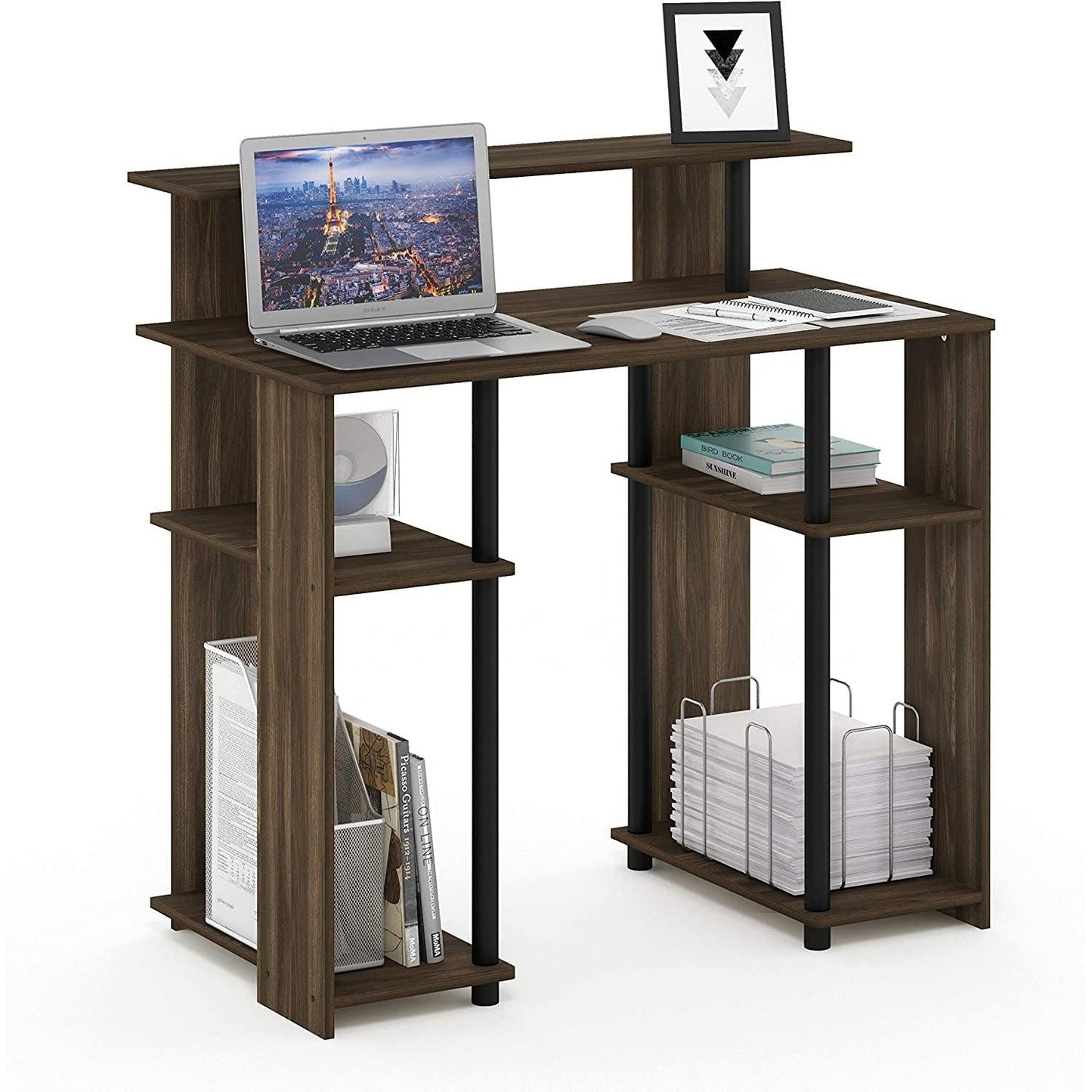 Walnut and Black Writing Desk With Shelves And Elevated Printer Shelf