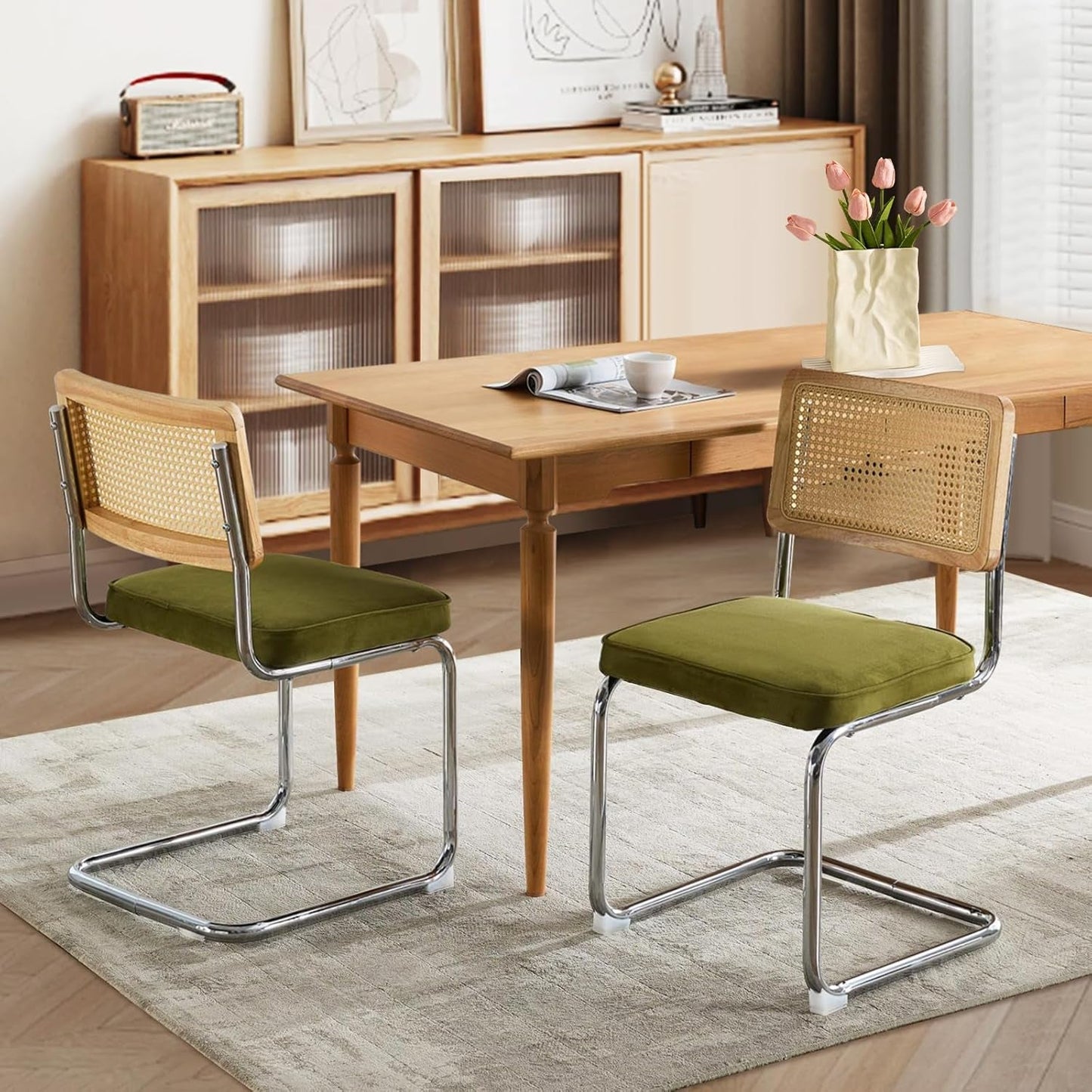 Rattan Dining Chairs Set Of 2 Green With Cane Back