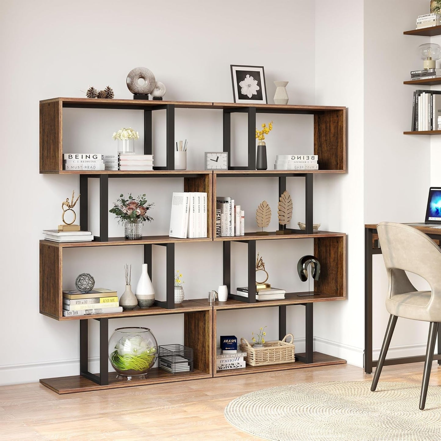 S Shaped 5 Tier Bookshelf Bookcase In Retro Brown Finish