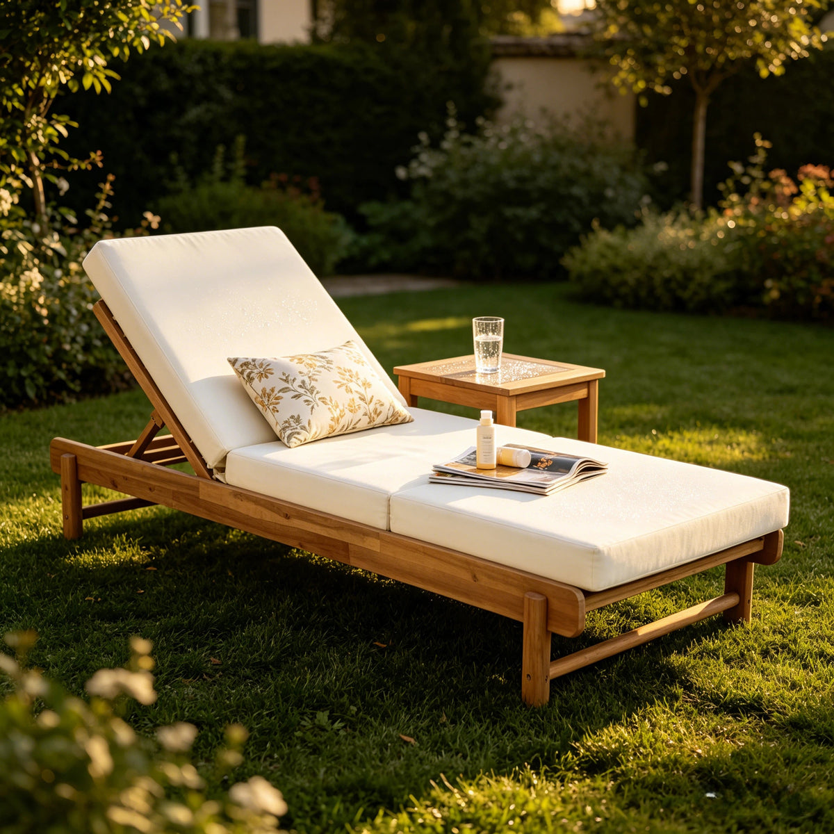 Light Teak Acacia Wood Chaise Lounge Set: 1 Frame + 1 3-Fold