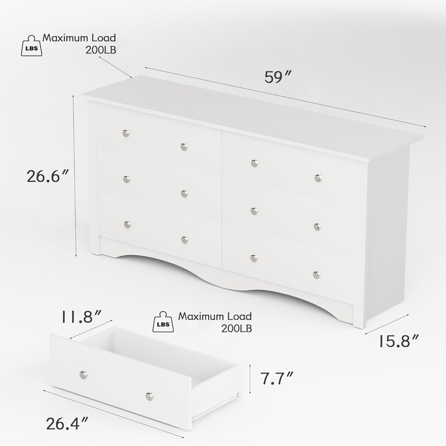 White 6 Drawer Dresser With Smooth Metal Slides Storage