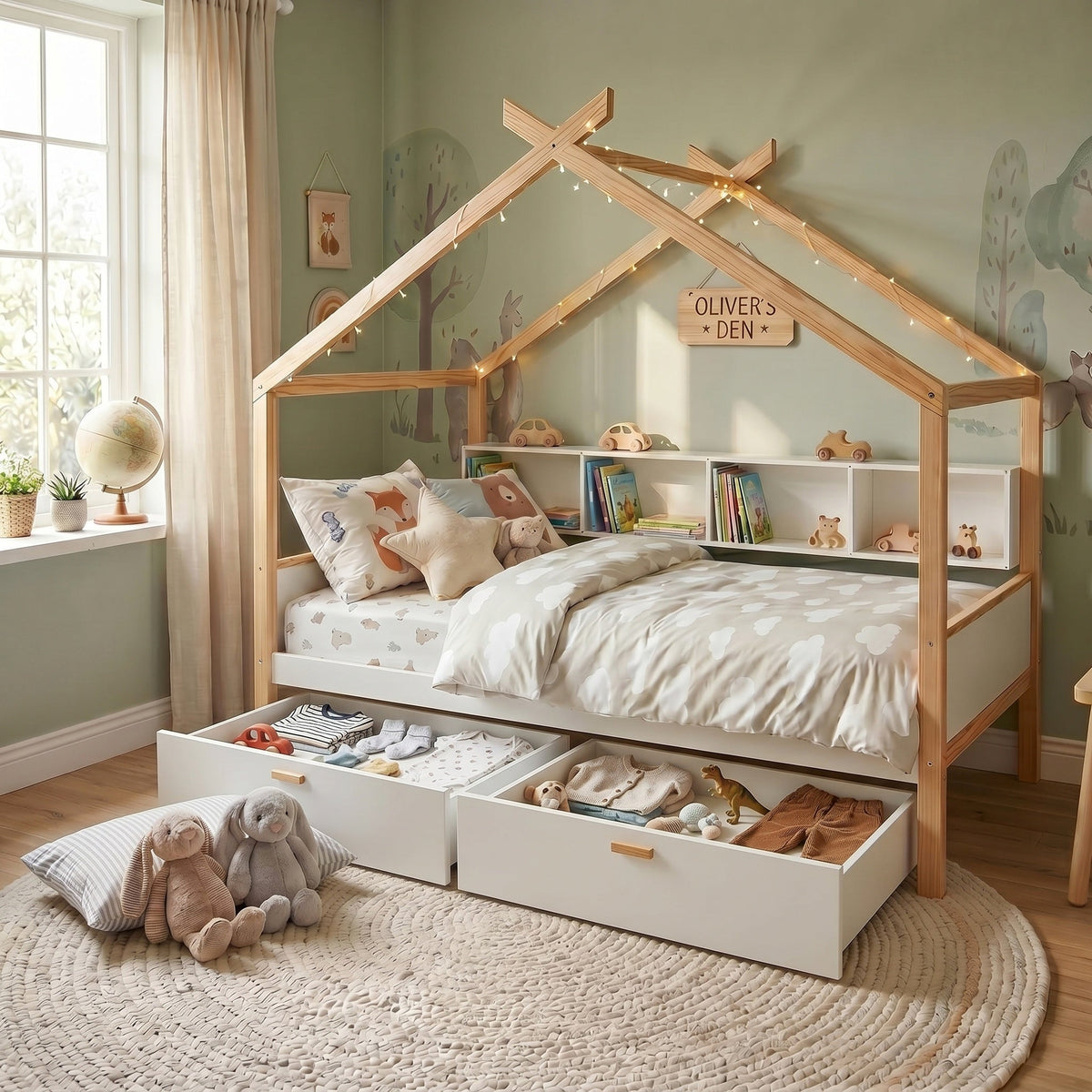 White Full Size Wooden House Bed