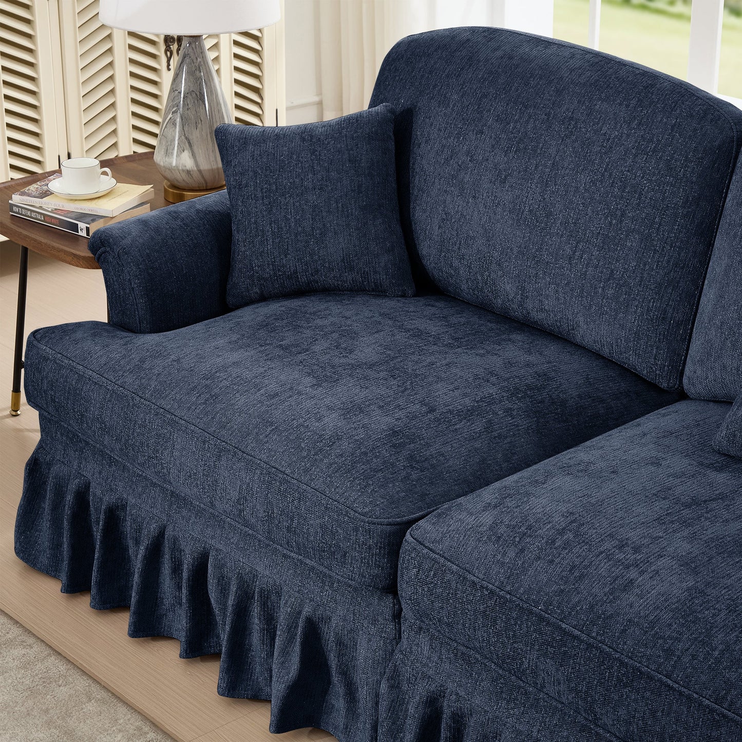 Mid Century Three Seater Modular L Shaped Sectional Couch with Flared Arms and Removable Ruffles Pleats Skirts and Spindle Legs, Comfy Chenille 3-Seat Deep Seat Sofa with Movable Ottoman,Blue