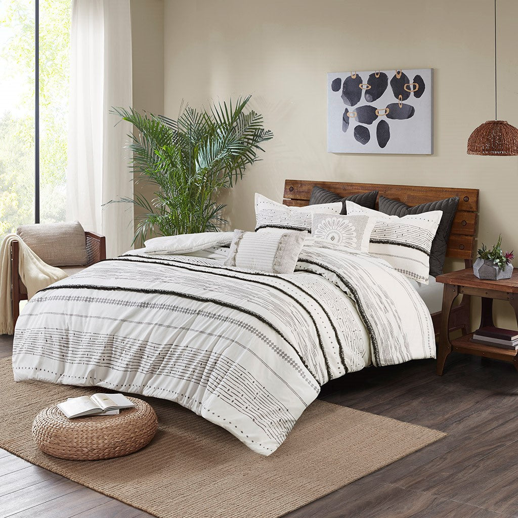 Cotton Printed Comforter Set with Trims - Black/White King/Cal King