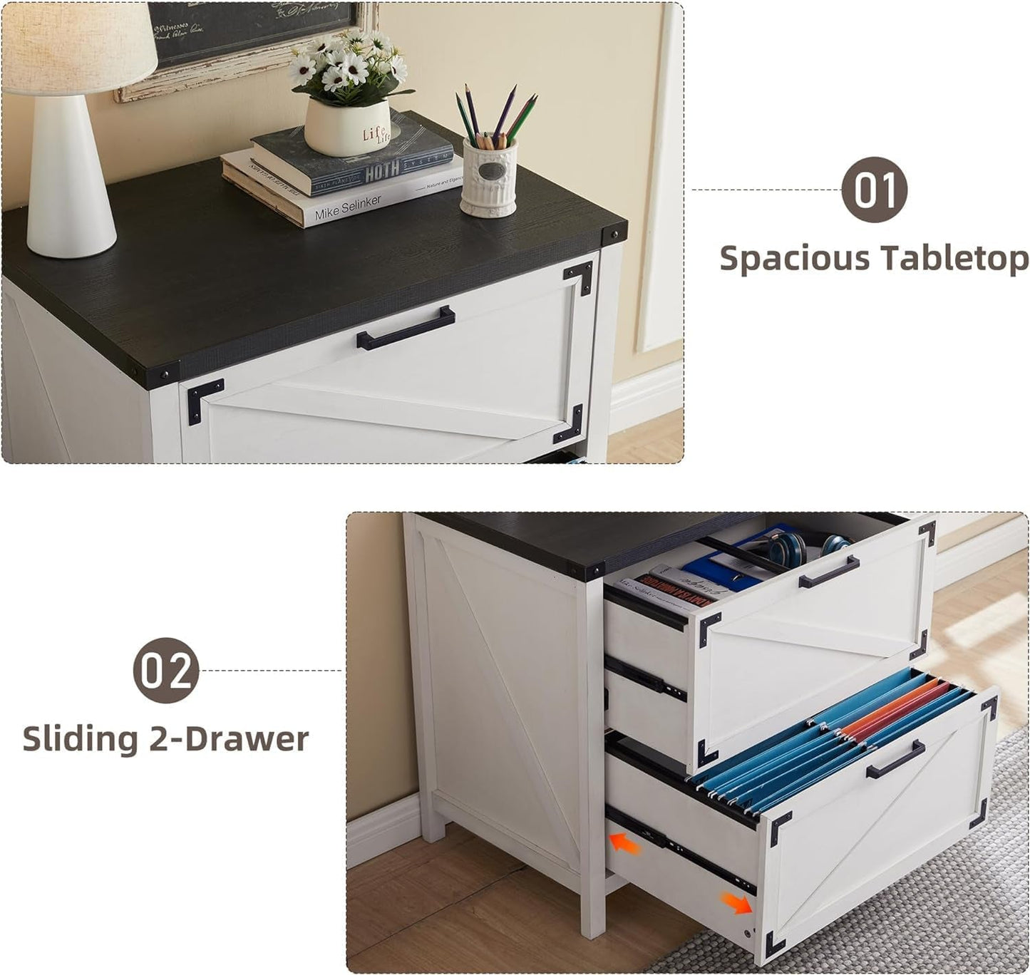 White Farmhouse Lateral File Cabinet With 2 Drawers