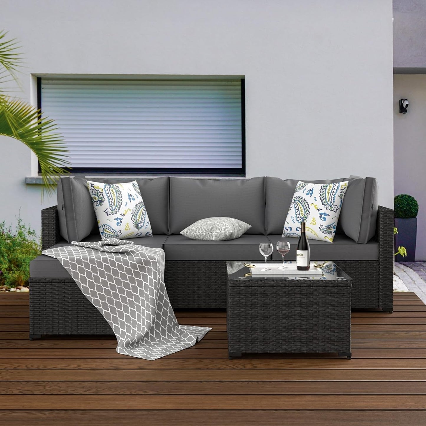 5 Piece Patio Furniture Set Waterproof Rattan Grey Cushions