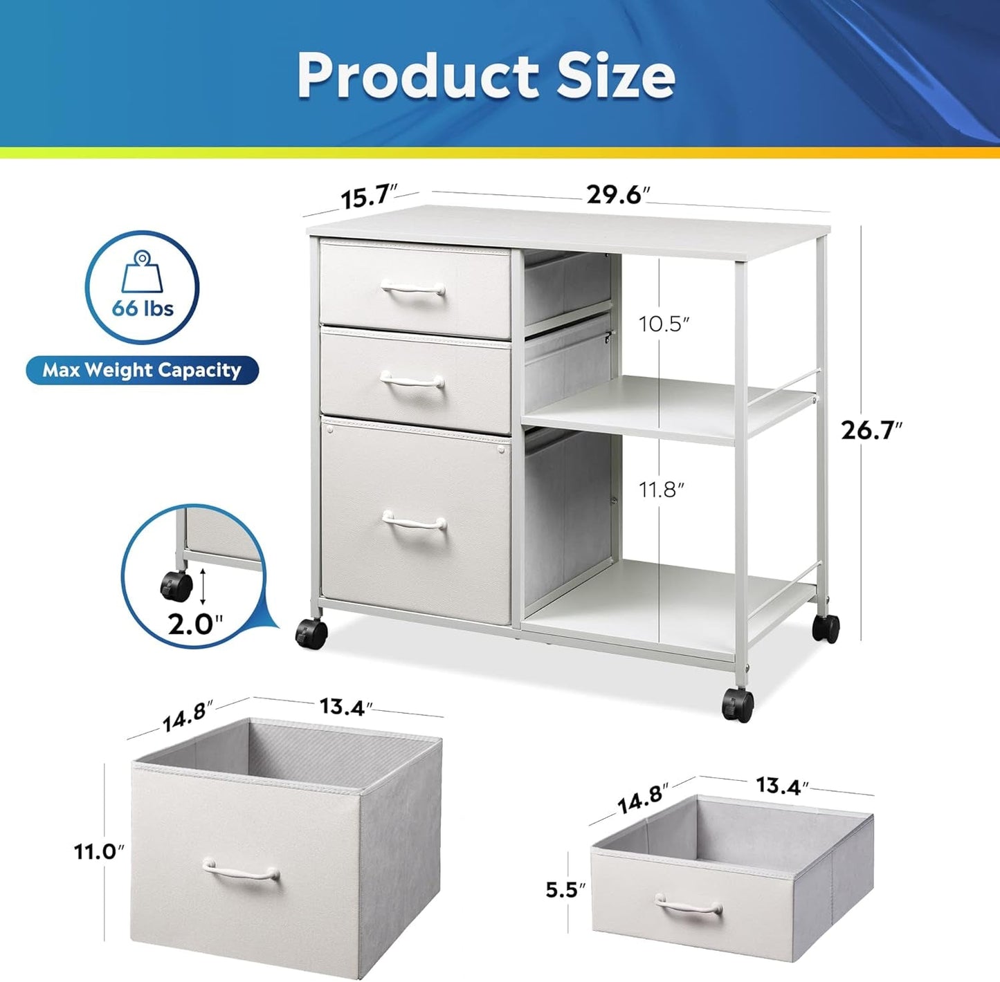 3 Drawer Mobile File Cabinet With Rolling Printer Stand And Open Storage Shelf White