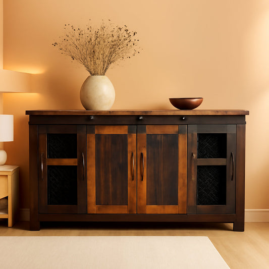 65 Inch Solid Wood TV Stand Antique Black Distressed Pine