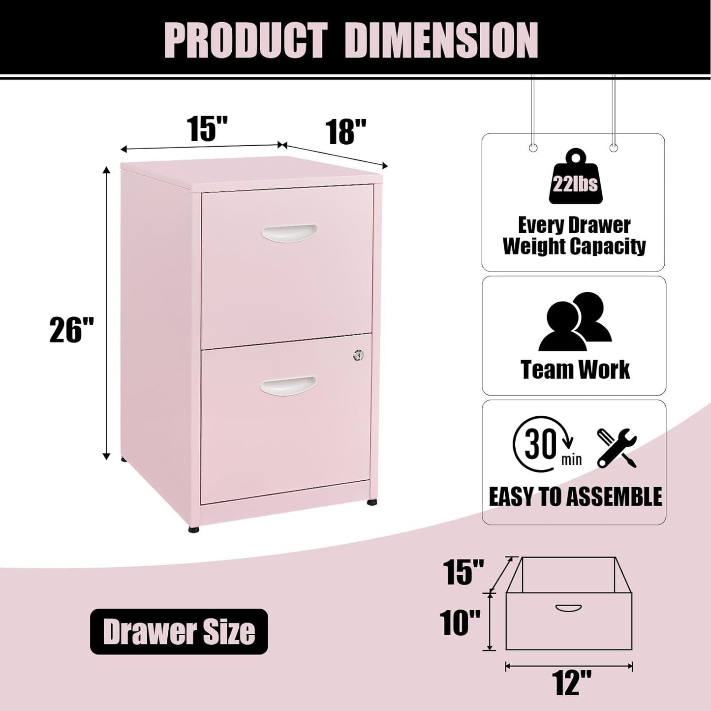 2 Drawer Pink Metal Vertical Filing Cabinet With Lock For Letter Size Files Home Office