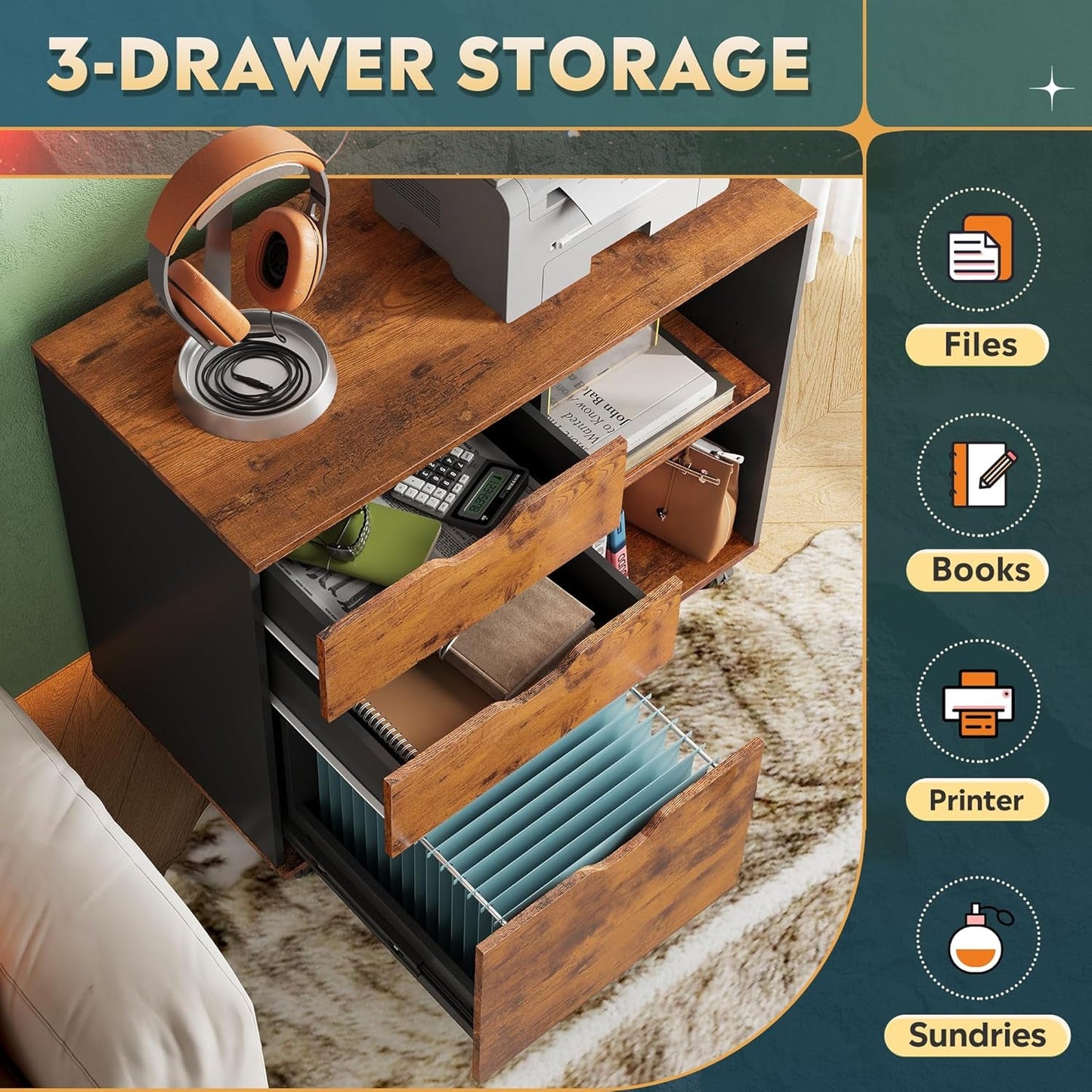 Mobile 3 Drawer Wood File Cabinet With Open Storage Shelves Rustic Brown