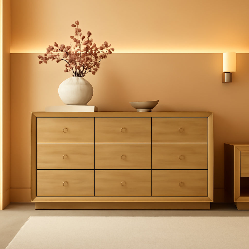 Nine Drawer Dresser 55 Inch Golden Oak UltraWoodgrain