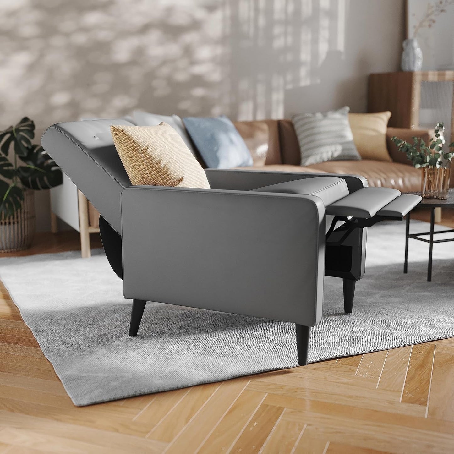 Ezra Pushback Recliner Light Gray LeatherSoft Mid Century Modern
