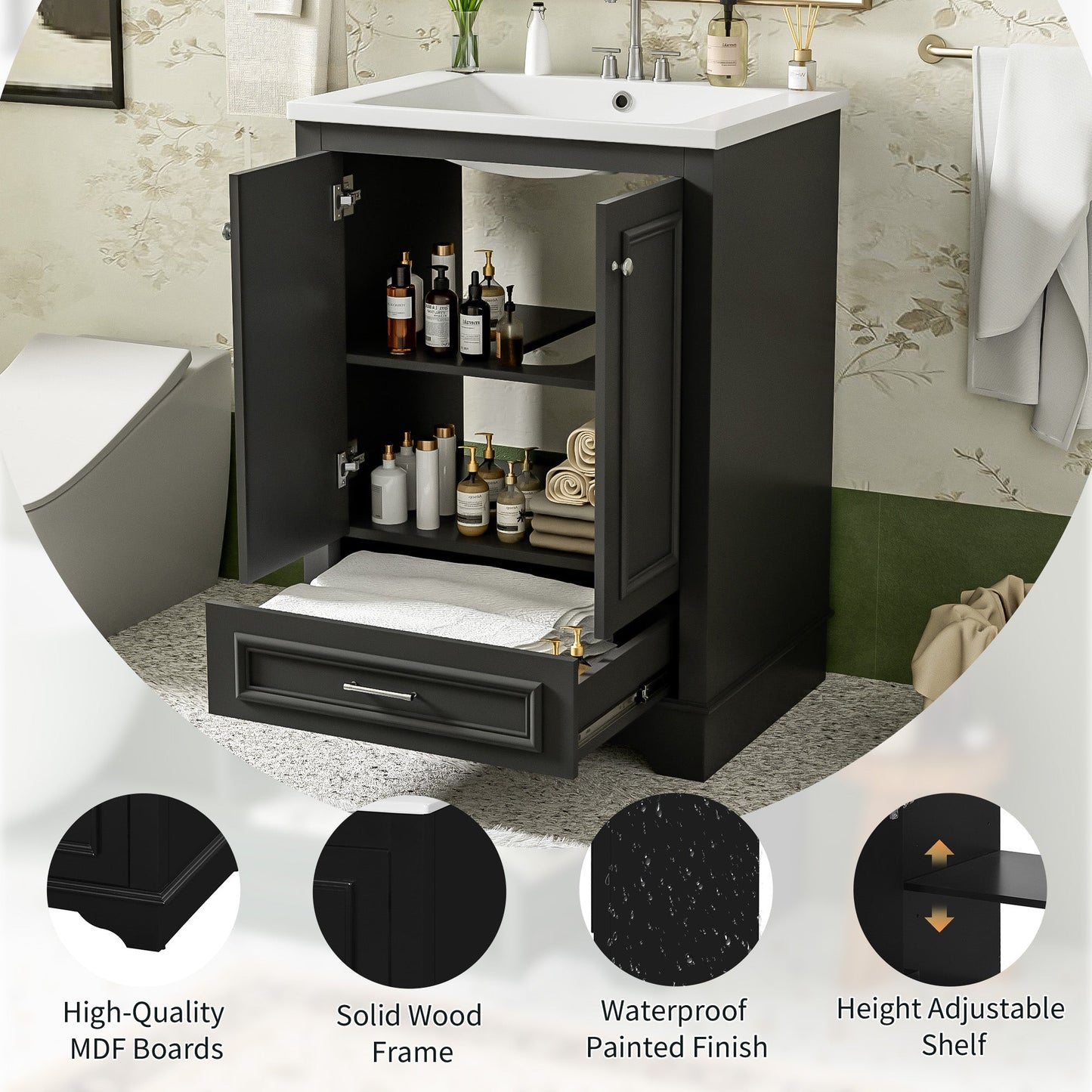 24" Bathroom Vanity with Ceramic Sink Combo