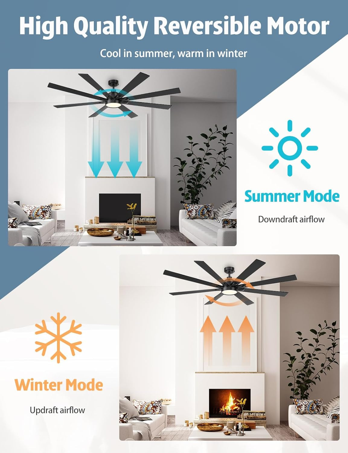 High Quality Reversible Motor for 62 Inch Ceiling Fan With Remote Matte Black Wood Finish in summer and winter modes.