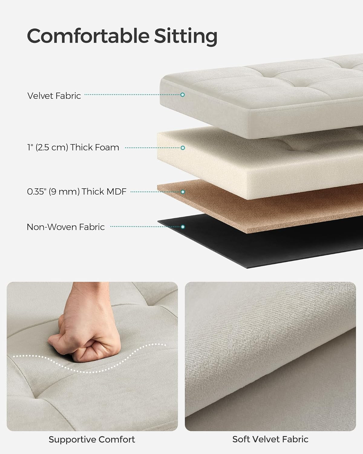 Cream White Storage Ottoman Bench Foldable 15x43x15