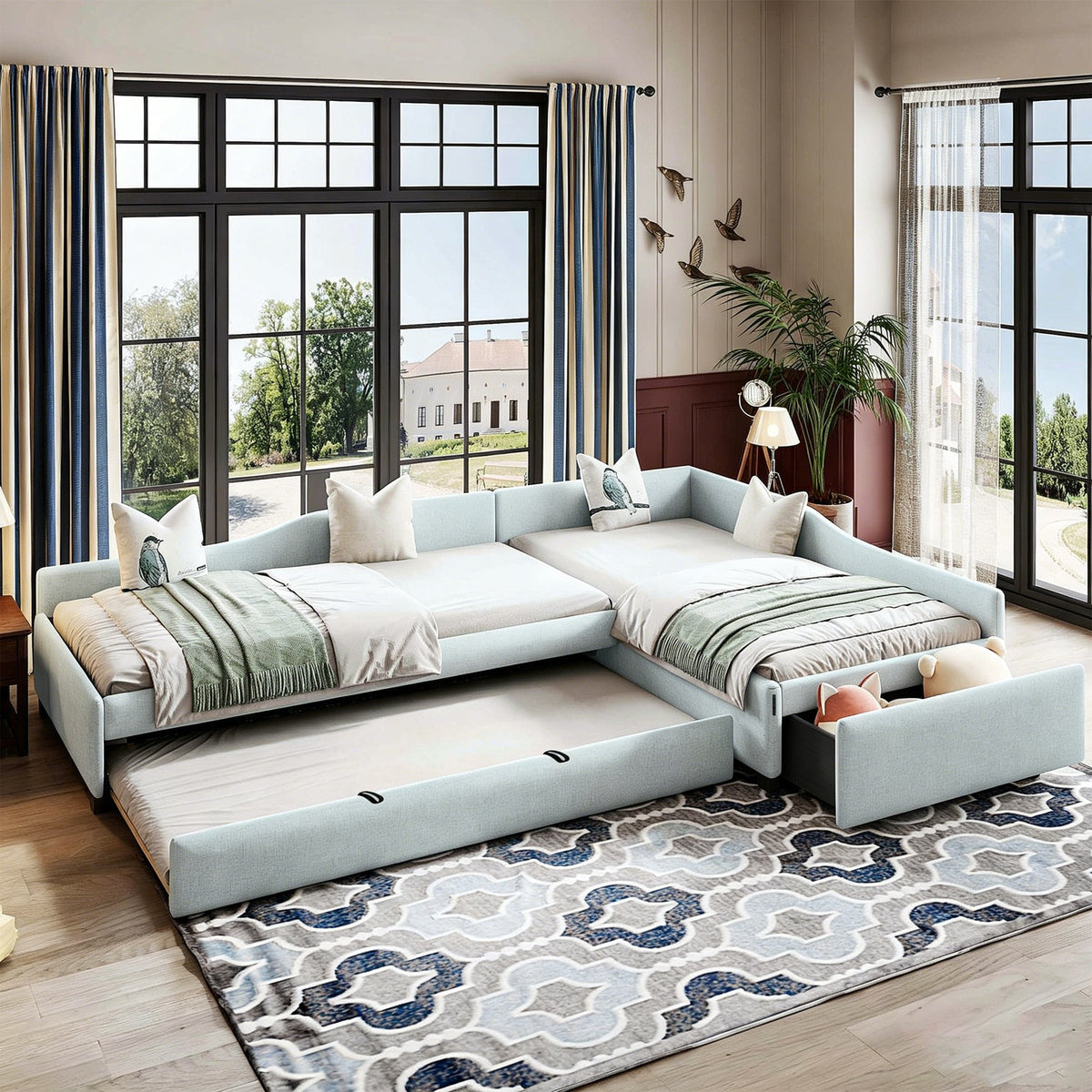 Upholstered Double Twin Size Daybed with Trundle and Drawer