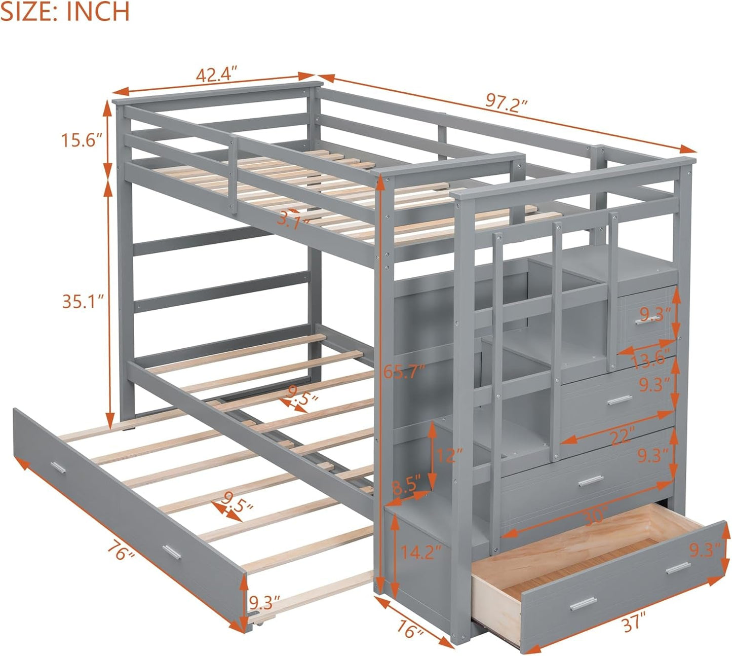 Natural Gray Twin Bunk Bed With Trundle And Stairs